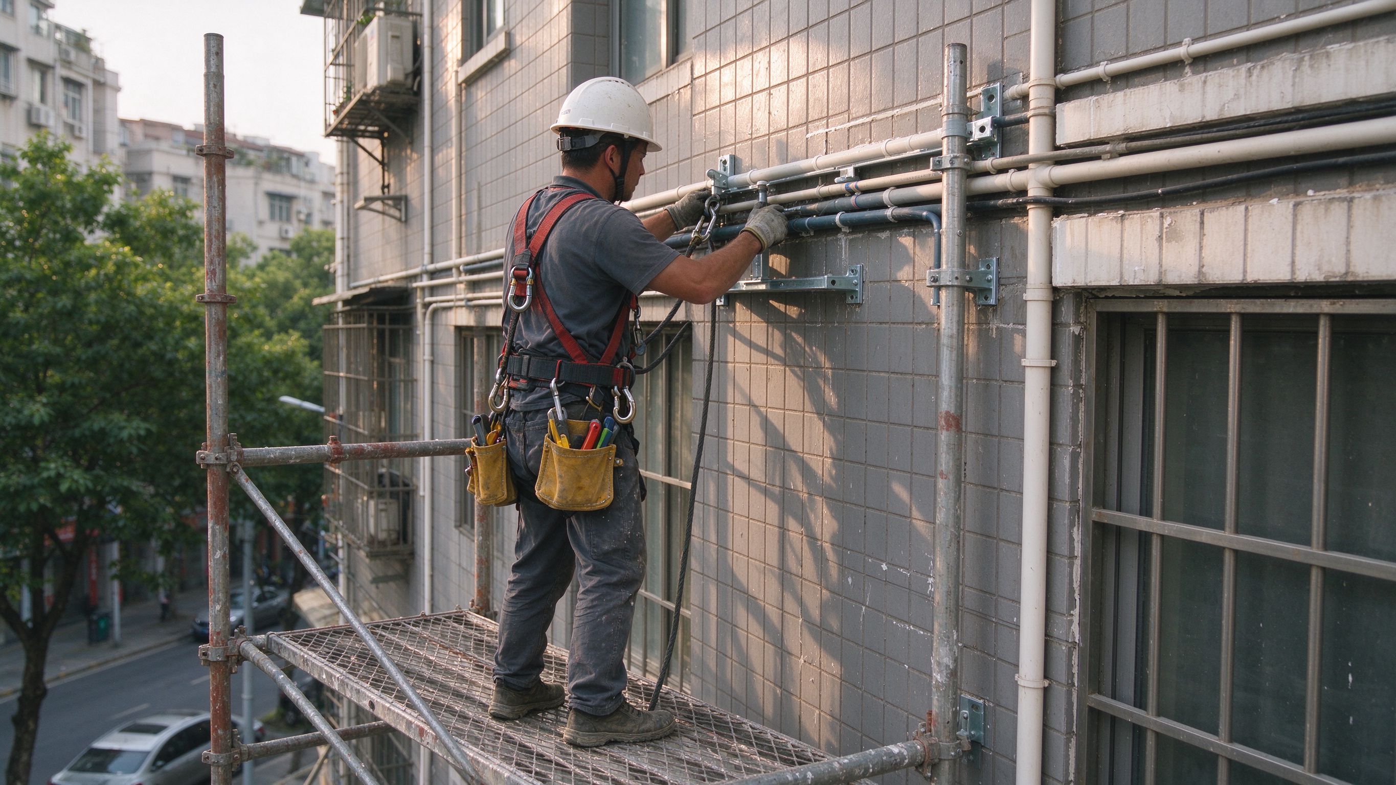高处作业人员在建筑外墙进行高空安装